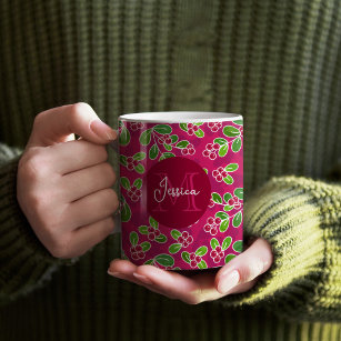 Festive Cranberry Foliage Pattern Monogram Coffee Mug