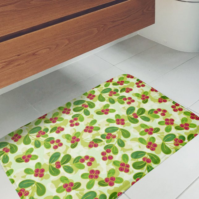 Festive Cranberry Fruit Pattern, Green Bath Mat (Festive Cranberry Pattern Bath Mat)