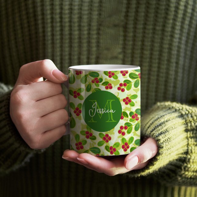 Festive Cranberry Fruit Pattern, Green Coffee Mug (Festive Cranberry Monogram Mug)