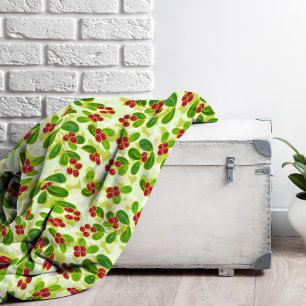 Festive Cranberry Fruit Pattern, Green Fleece Blanket