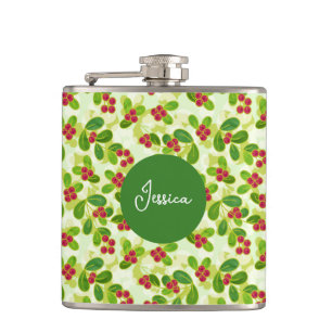 Festive Cranberry Fruit Pattern, Green Hip Flask