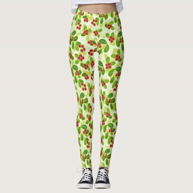 Festive Cranberry Fruit Pattern, Green Leggings (Front)