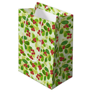 Festive Cranberry Fruit Pattern, Green Medium Gift Bag