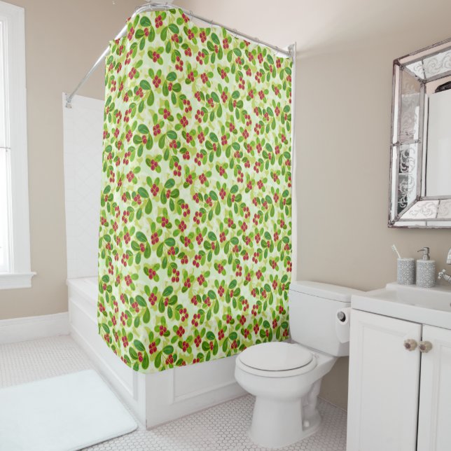 Festive Cranberry Fruit Pattern, Green Shower Curtain (In Situ)