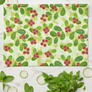 Festive Cranberry Fruit Pattern, Green Tea Towel