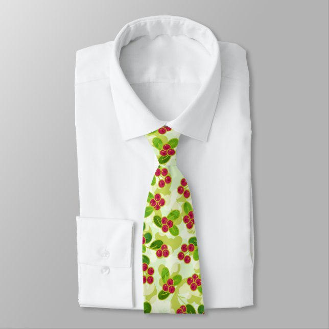 Festive Cranberry Fruit Pattern, Green Tie (Tied)