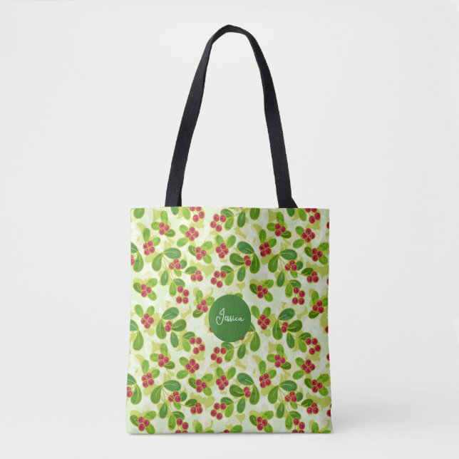 Festive Cranberry Fruit Pattern, Green Tote Bag (Front)