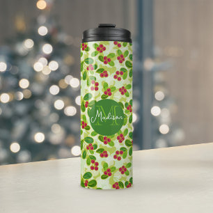 Festive Cranberry Fruit Pattern & Monogram, Green Thermal Tumbler