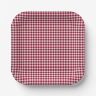 Festive Cranberry Red Gingham Plaid Rustic Holiday Paper Plate