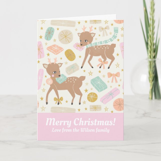 Festive Cream Vintage Reindeer  Illustration  Holi Holiday Card (Front)