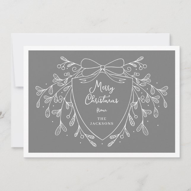 Festive crest with mistletoe grey photo Christmas Holiday Card (Front)