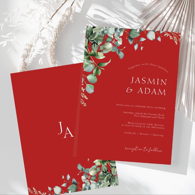 Festive Crimson Red Eucalyptus Greenery Wedding Invitation (Festive Crimson Red Eucalyptus Greenery Wedding Invitation)