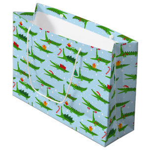 Festive Crocodiles in Christmas Costumes Pattern Large Gift Bag