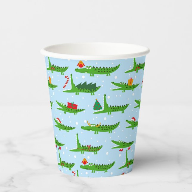 Festive Crocodiles in Christmas Costumes Pattern Paper Cups (Front)
