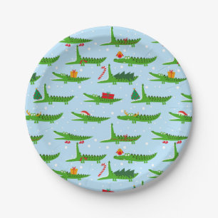 Festive Crocodiles in Christmas Costumes Pattern Paper Plate
