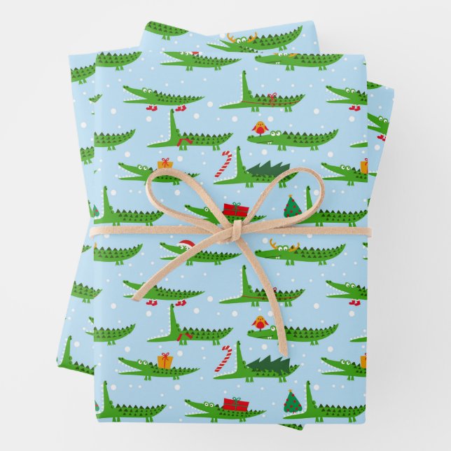 Festive Crocodiles in Christmas Costumes Pattern Wrapping Paper Sheet (In situ)