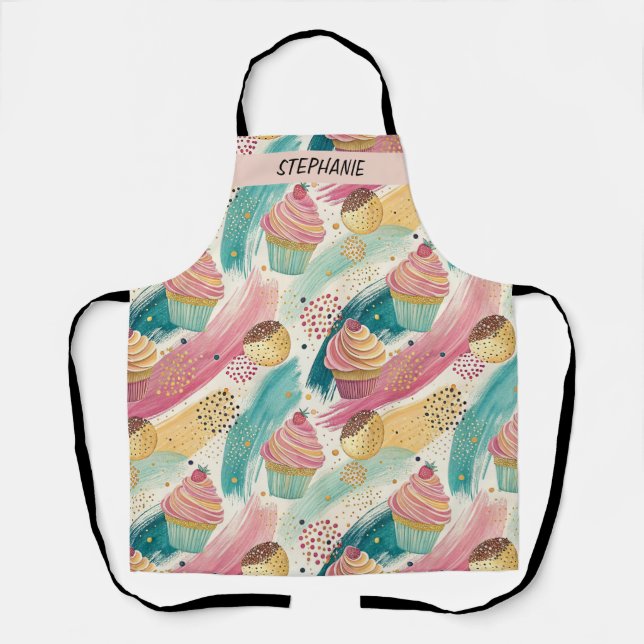 Festive Cupcake & Brushstroke Celebration Pattern Apron (Front)