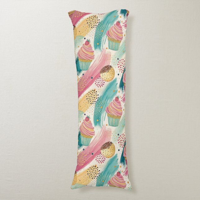 Festive Cupcake & Brushstroke Celebration Pattern Body Cushion (Front Vertical)