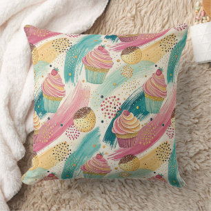 Festive Cupcake & Brushstroke Celebration Pattern Cushion