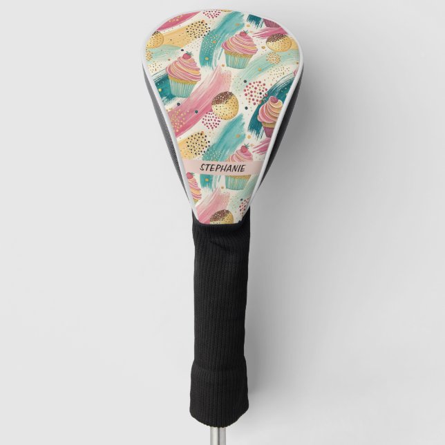 Festive Cupcake & Brushstroke Celebration Pattern Golf Head Cover (Front)
