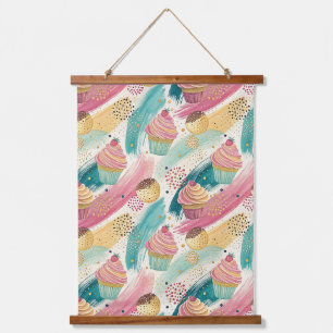 Festive Cupcake & Brushstroke Celebration Pattern Hanging Tapestry