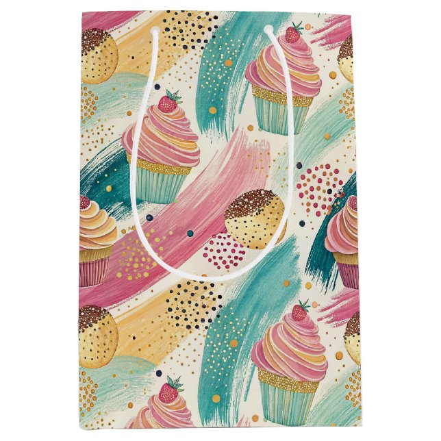Festive Cupcake & Brushstroke Celebration Pattern Medium Gift Bag (Front)