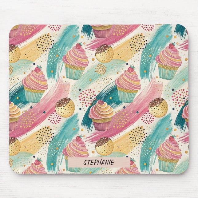Festive Cupcake & Brushstroke Celebration Pattern Mouse Mat (Front)