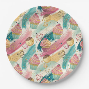 Festive Cupcake & Brushstroke Celebration Pattern Paper Plate
