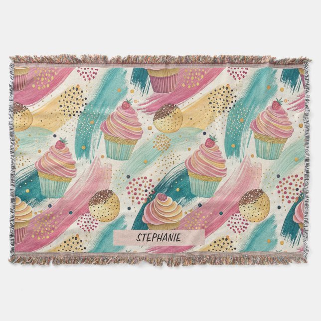 Festive Cupcake & Brushstroke Celebration Pattern Throw Blanket (Front)