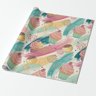 Festive Cupcake & Brushstroke Celebration Pattern Wrapping Paper