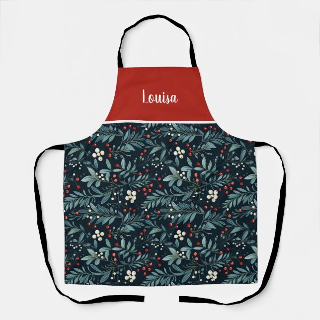 Festive Custom Christmas Greenery Pattern Apron (Front)