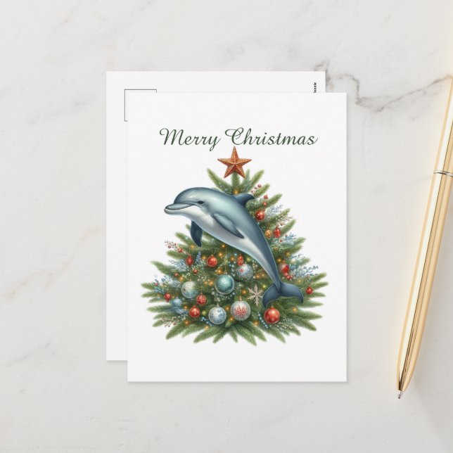 Festive customisable dolphin  holiday postcard (Front/Back In Situ)