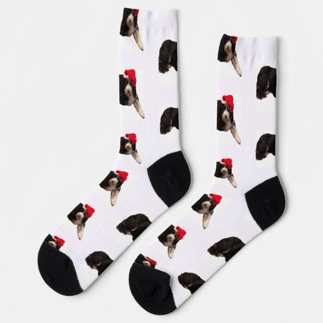 Festive & cute bernedoodle wearing a Santa hat Socks (Left)