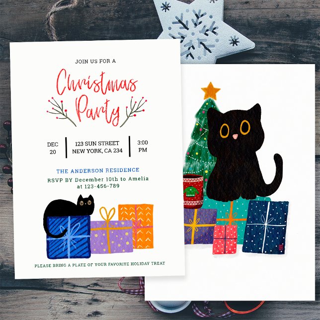 Festive Cute Black Cat Coffee Art Christmas Party Invitation (Front and Back)