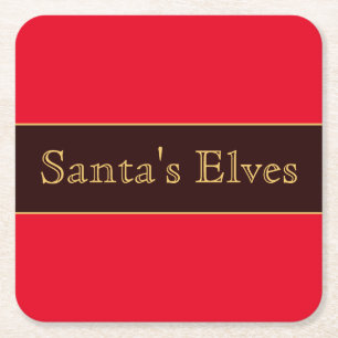 Festive Cute Bright Red Stripes Santa's Elves Text Square Paper Coaster