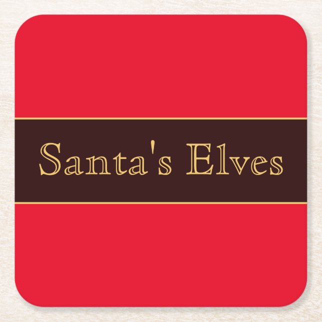 Festive Cute Bright Red Stripes Santa's Elves Text Square Paper Coaster (Front)