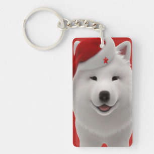 Festive Cute Cartoon Style Samoyed Dog With Santa Key Ring