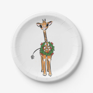 Festive cute Christmas Giraffe red green wreath Paper Plate