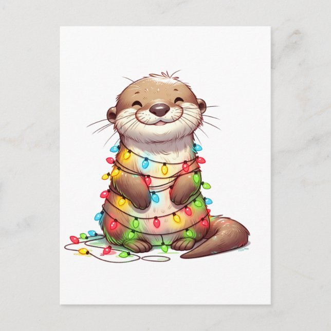 Festive Cute Christmas Otter Wrapped in Lights Postcard (Front)