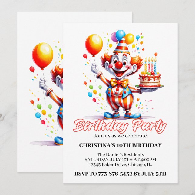 Festive Cute Clown Watercolor Birthday Party Invitation (Front/Back)