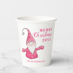 Festive Cute Gnome White and Pink Christmas Paper Cups