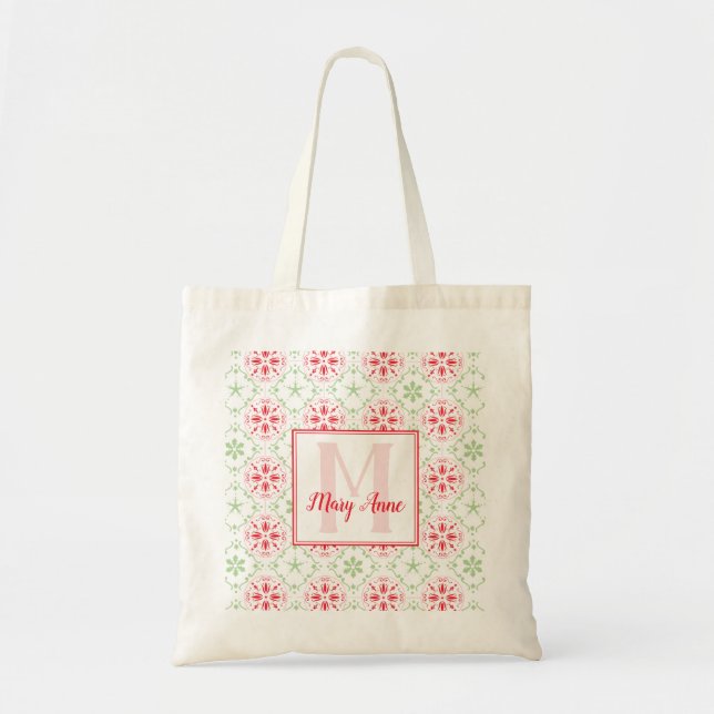 Festive Cute Nordic Pattern Holiday Monogram Tote Bag (Front)
