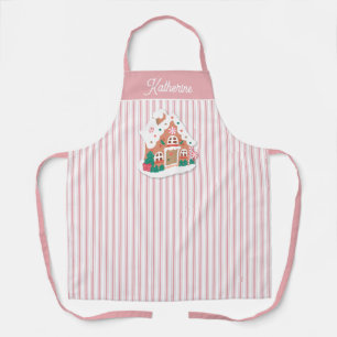 Festive Cute Pink Gingerbread House Stripe Name Apron