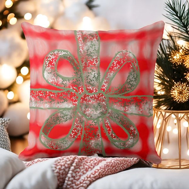 Festive cute plaid red white grey sage green bow   cushion (Creator Uploaded)