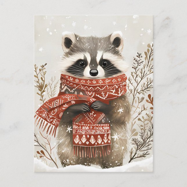 Festive cute Racoon Christmas Greeting Postcard (Front)