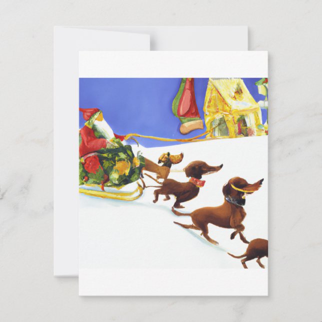 Festive Dachshund and Santa Pulling Watercolor Chr Holiday Card (Front)