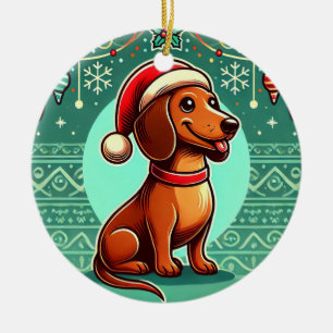 Festive Dachshund Wearing Santa Hat Ceramic Tree Decoration