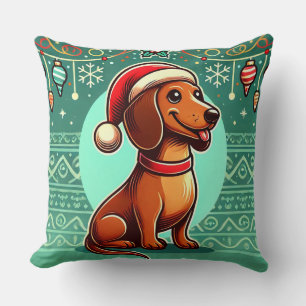 Festive Dachshund Wearing Santa Hat Cushion