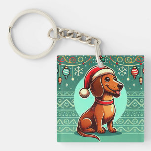 Festive Dachshund Wearing Santa Hat Key Ring