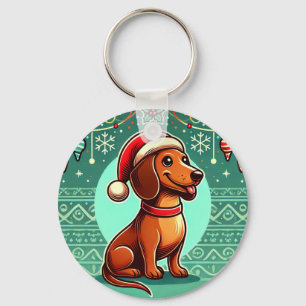 Festive Dachshund Wearing Santa Hat Key Ring